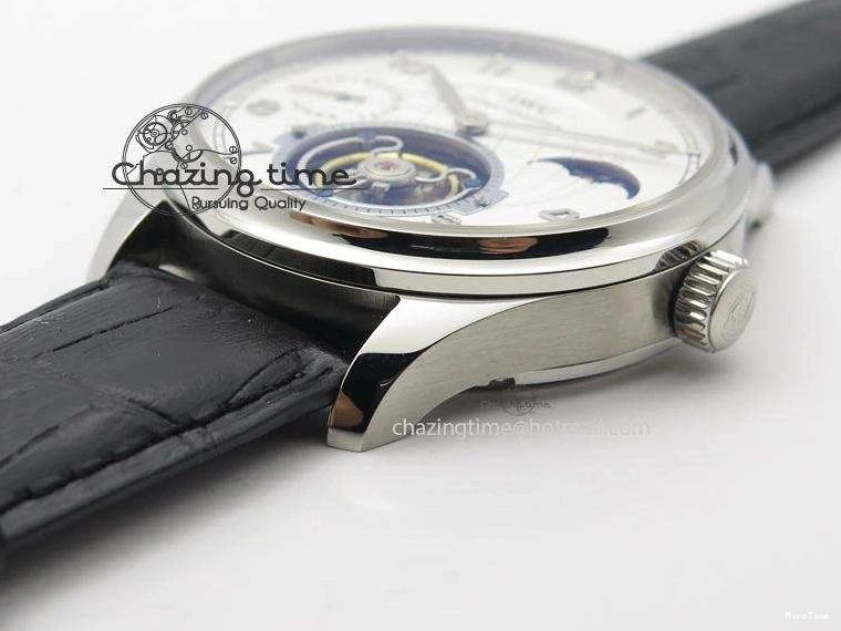MIROTIME 0309 UrbanStyle Portuguese Tourbillon Power Reserve Moonphase SS White Dial On Black Leather Strap 7318